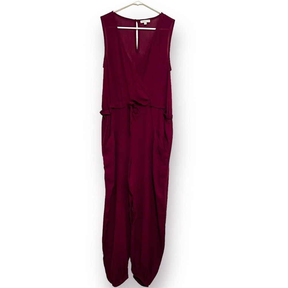 Earthbound Jumpsuit Small Burgundy Red jogger Leg Faux Wrap Sleeveless Gauze